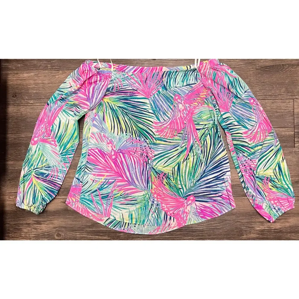 Lilly Pulitzer Adira Silk Off Shoulder Top XS Parrot Tropical Coastal Resort - Picture 6 of 10